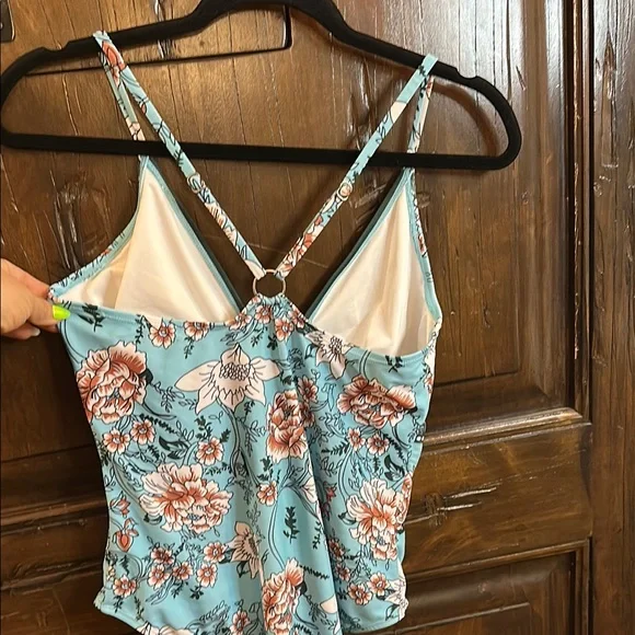 Blue and White Floral One Piece Swimsuit with Strappy Back - Picture 4 of 5